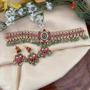 Classic Kundan Jadau green drop beads choker set