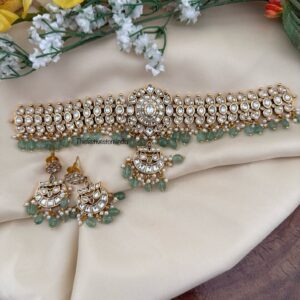 Classic White Kundan Jadau green drop beads choker set