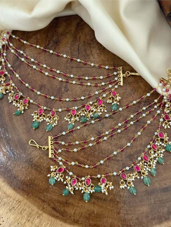Unique red Jadau 5 layer Bridal Earchain | Champasaralu