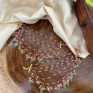 Unique red Jadau 5 layer Bridal Earchain | Champasaralu