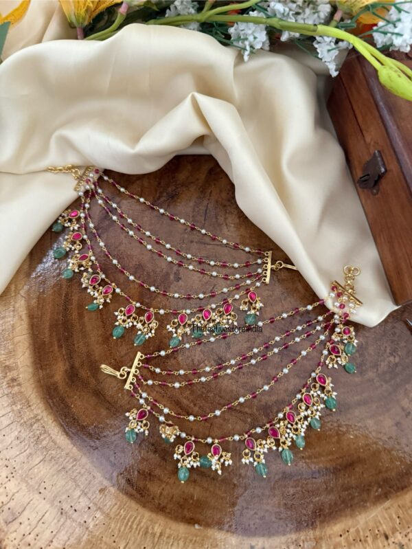 Unique red Jadau 5 layer Bridal Earchain | Champasaralu