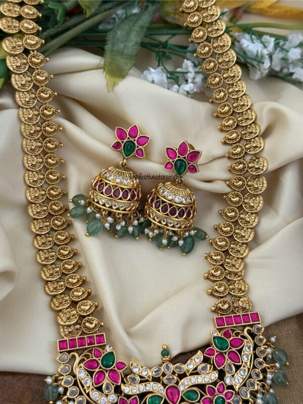Grand Bridal kaasu Haaram set with jhumkas | Long chain