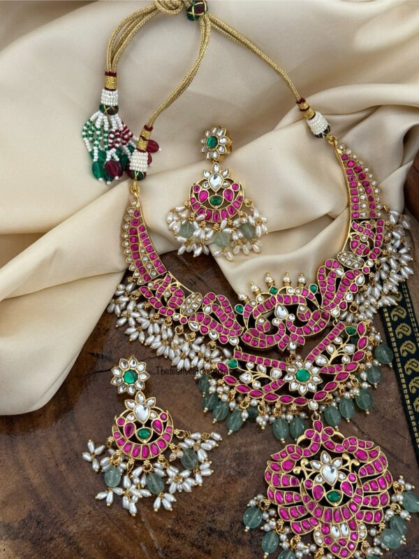 Jadau Bridal non idol necklace set - Rubyrose/Green