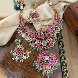 Jadau Bridal non idol necklace set - Rubyrose/Green
