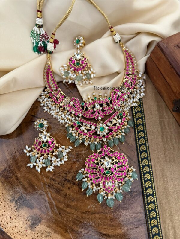 Jadau Bridal non idol necklace set - Rubyrose/Green