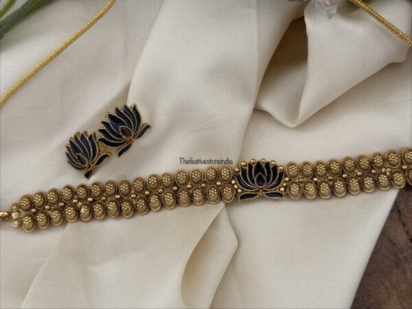 Enamel painted Navy blue Lotus choker set
