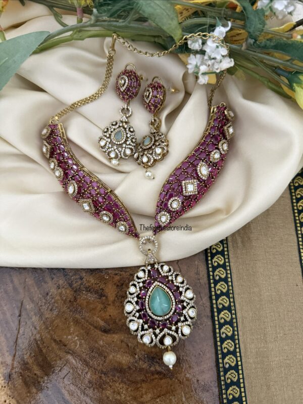 Grand Ruby with mint stone statement necklace set | Bridal | Wedding
