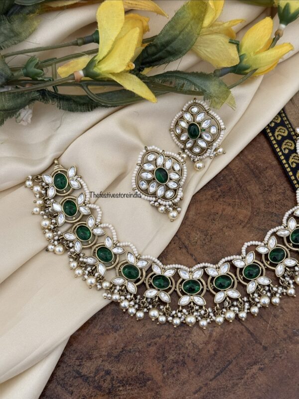 Victorian polish green stone drop pearls necklace set