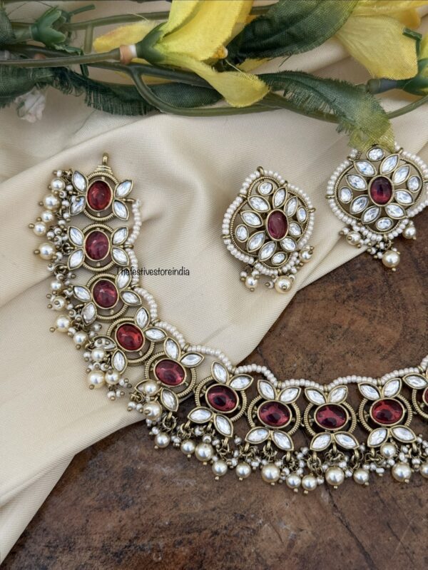 Victorian polish red stone drop pearls necklace set