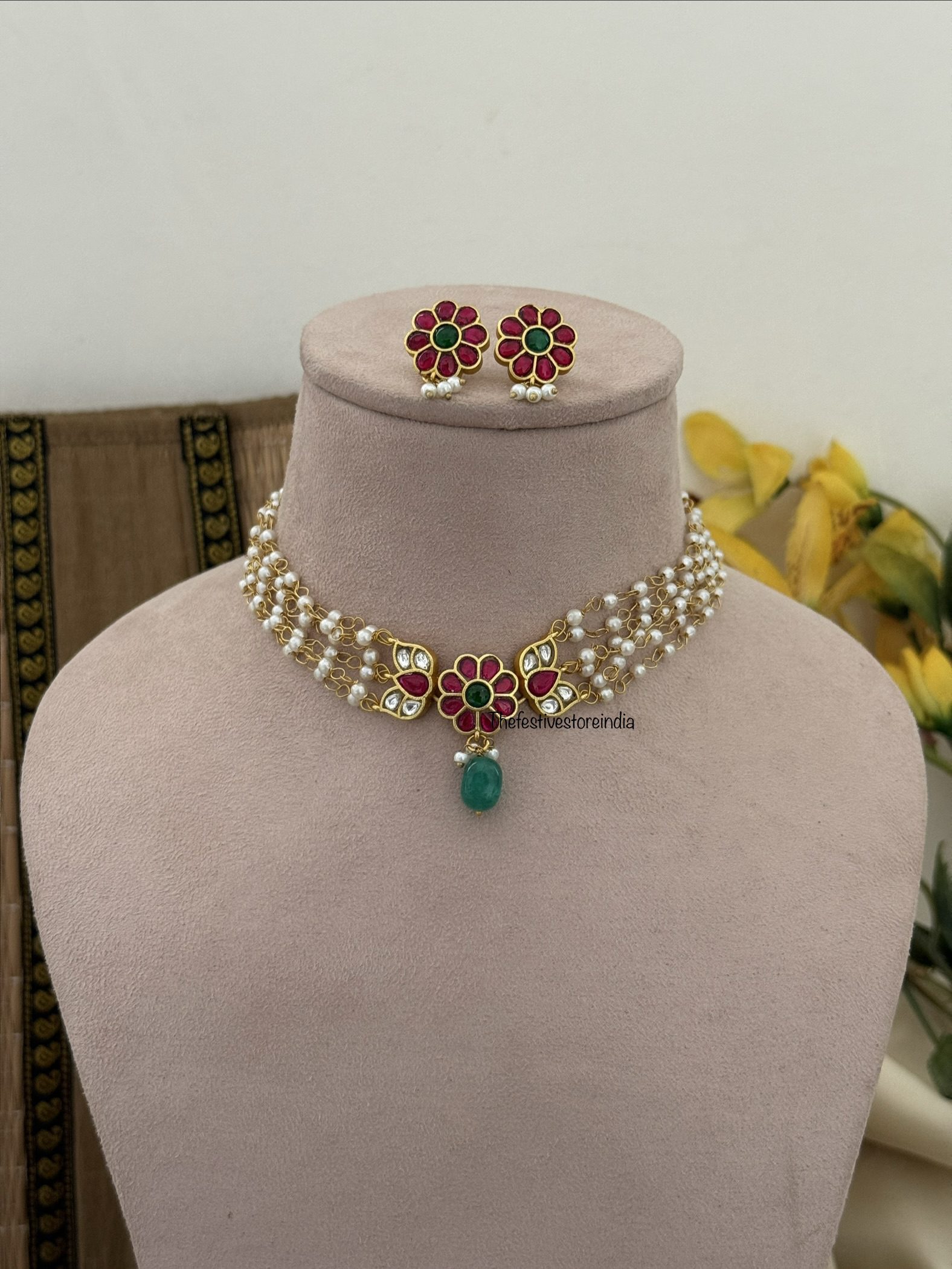 Jadau Floral motif pearl choker set | Classic
