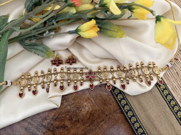 Enamel painted red lotus & Lakshmi mango choker set