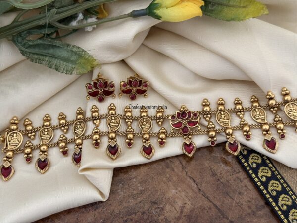 Enamel painted red lotus & Lakshmi mango choker set