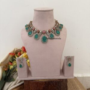 Mint pink moissanite stones designer necklace set | Bridal | Unique