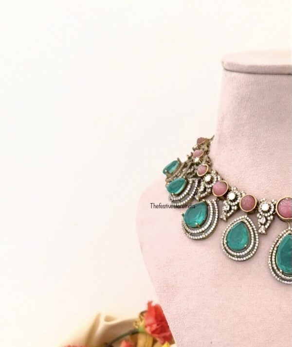 Mint pink moissanite stones designer necklace set | Bridal | Unique