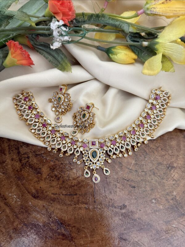 Rubyrose and white stones droplets necklace set
