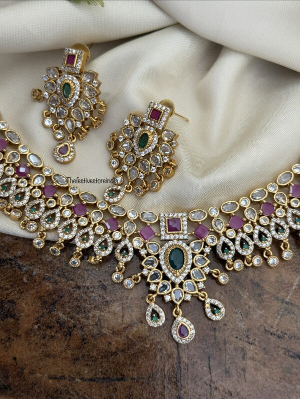 Rubyrose and white stones droplets necklace set