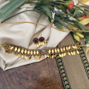 Antique gold round pendant Elakkathali choker set