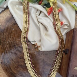 Red stone Lakshmi kaasu haaram set with screwback earrings