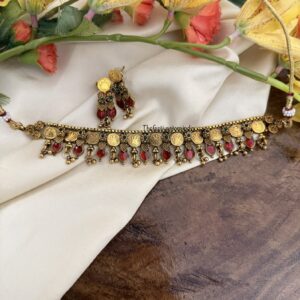 Antique polish red enamel painted Lakshmi kaasu choker set | Kerala style