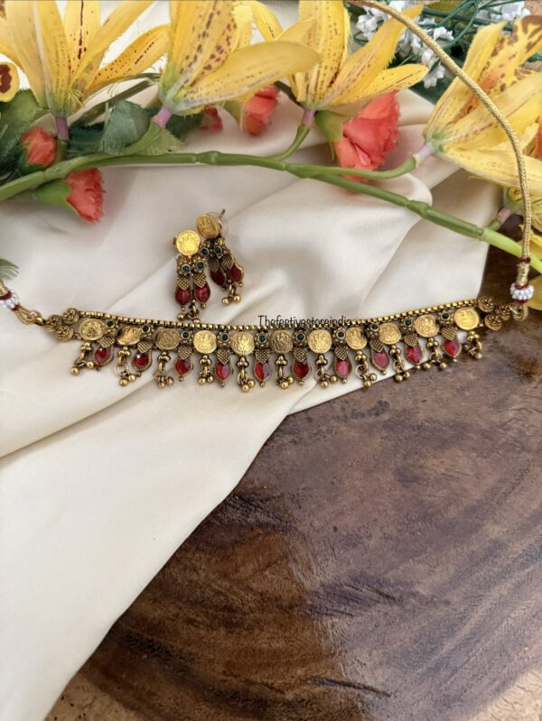 Antique polish red enamel painted Lakshmi kaasu choker set | Kerala style