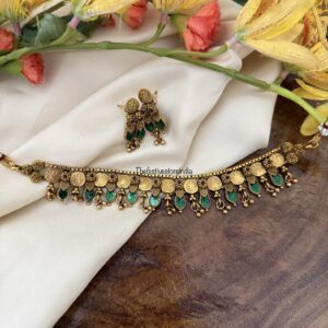 Antique polish green enamel painted Lakshmi kaasu choker set | Kerala style