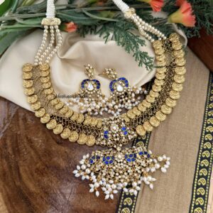 Jadau Blue stones Kaasu bridal necklace set | Wedding