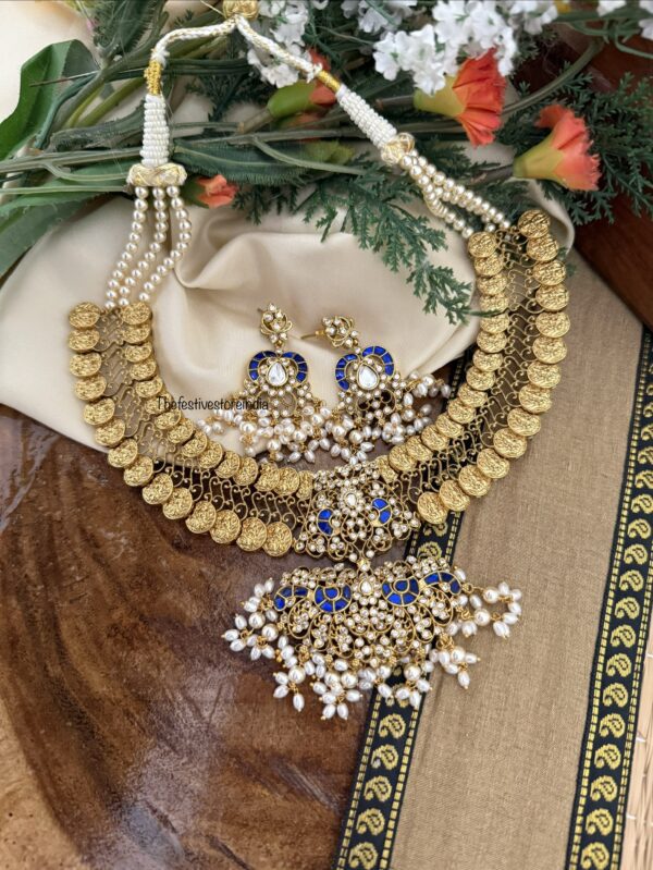 Jadau Blue stones Kaasu bridal necklace set | Wedding