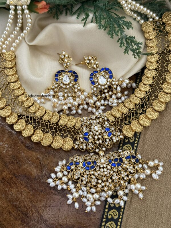 Jadau Blue stones Kaasu bridal necklace set | Wedding