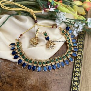 Enamel palakka set with jhumkas - Blue green