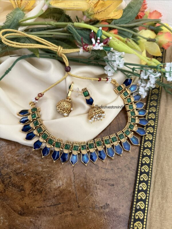 Enamel palakka set with jhumkas - Blue green