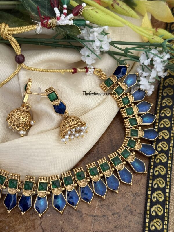 Enamel palakka set with jhumkas - Blue green