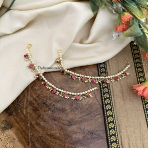 Jadau red stone pearls ear chain | maatil | Bridal | Champasaralu