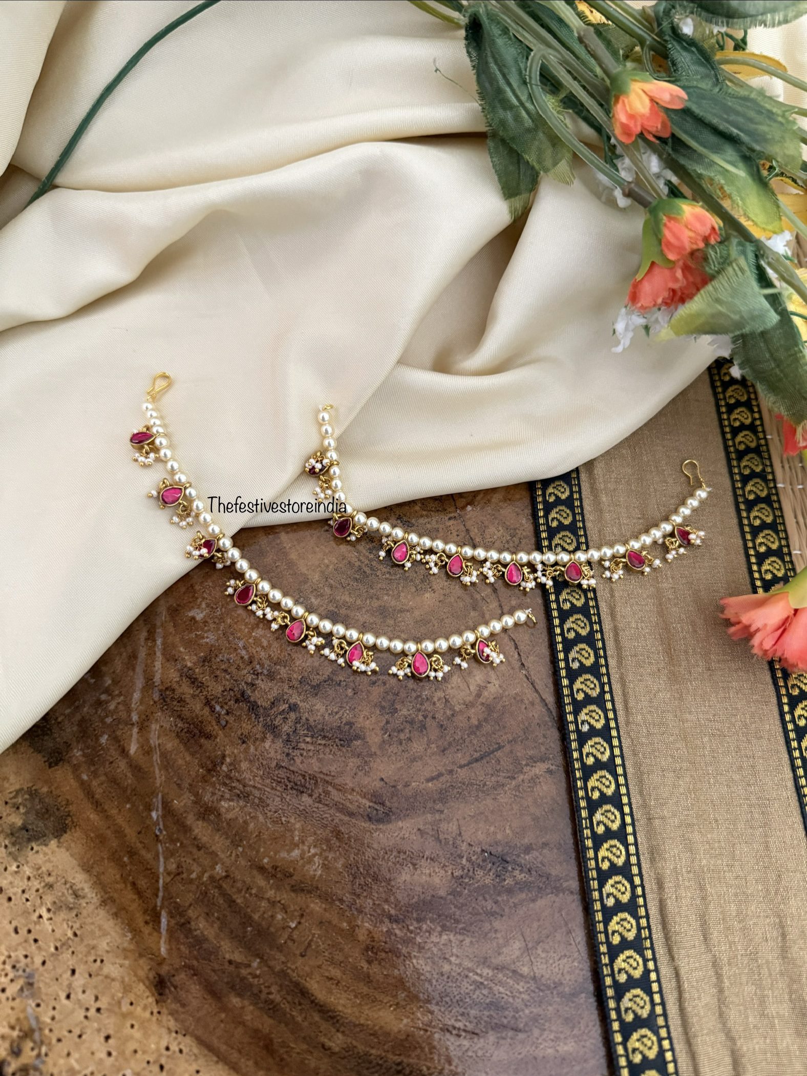 Jadau red stone pearls ear chain | maatil | Bridal | Champasaralu