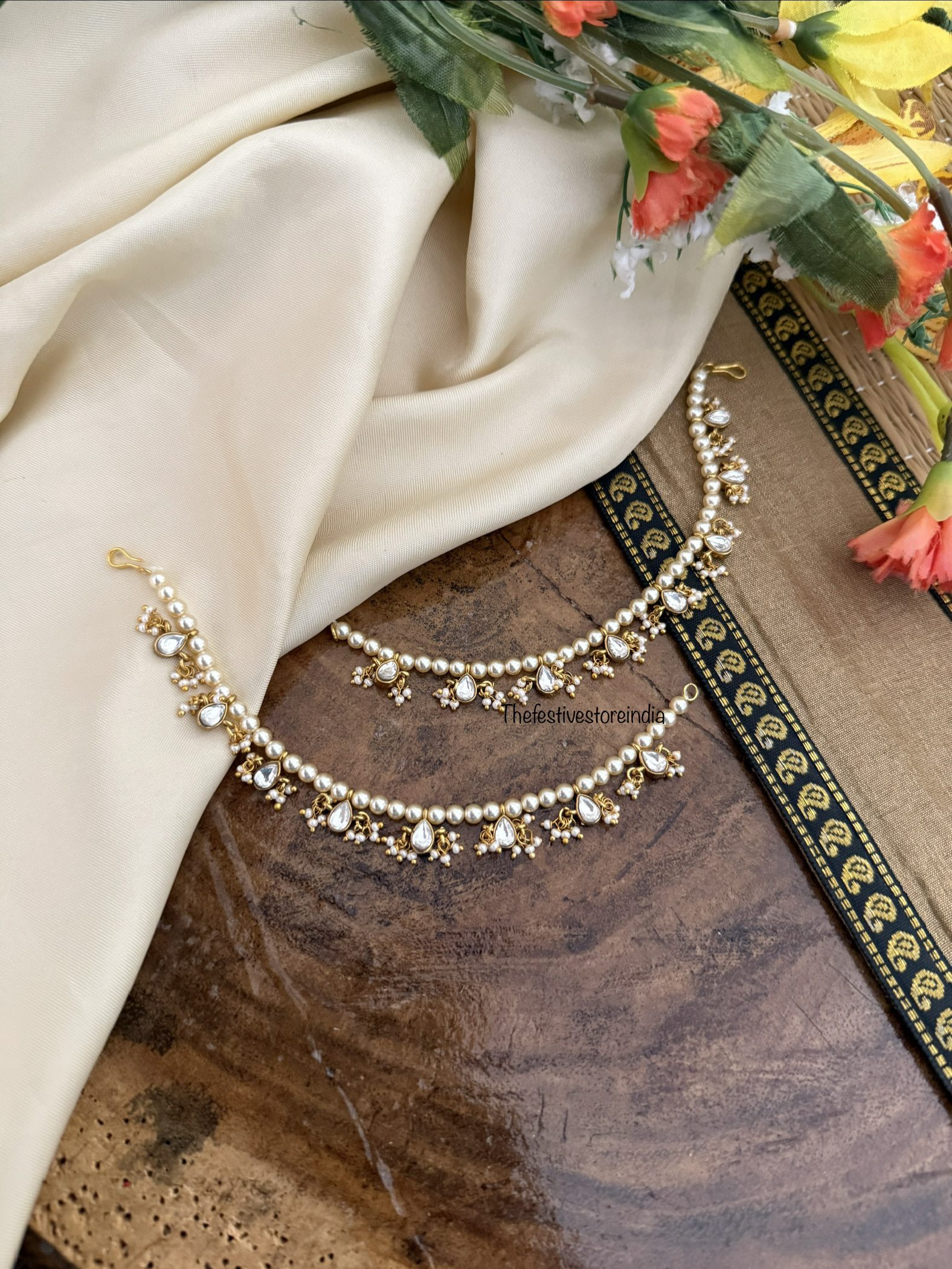 Jadau white stone pearls ear chain | maatil | Bridal | Champasaralu