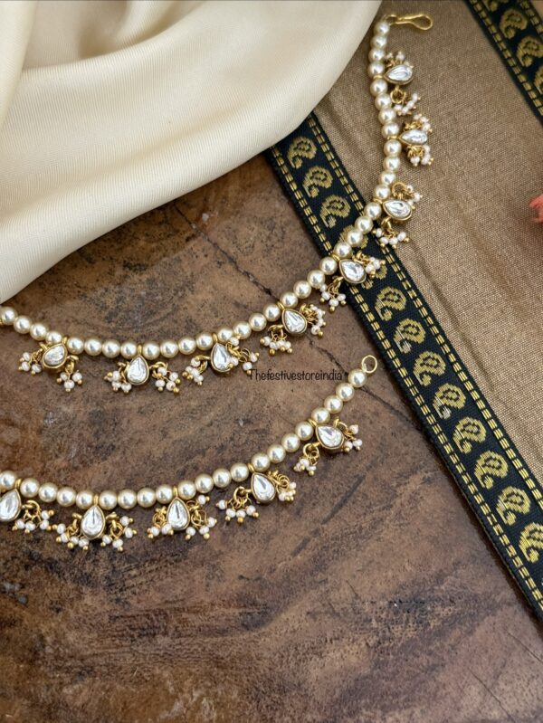 Jadau white stone pearls ear chain | maatil | Bridal | Champasaralu