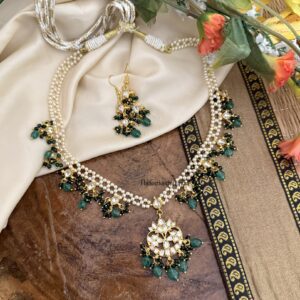 Jadau pearls and green beads necklace set | Non idol
