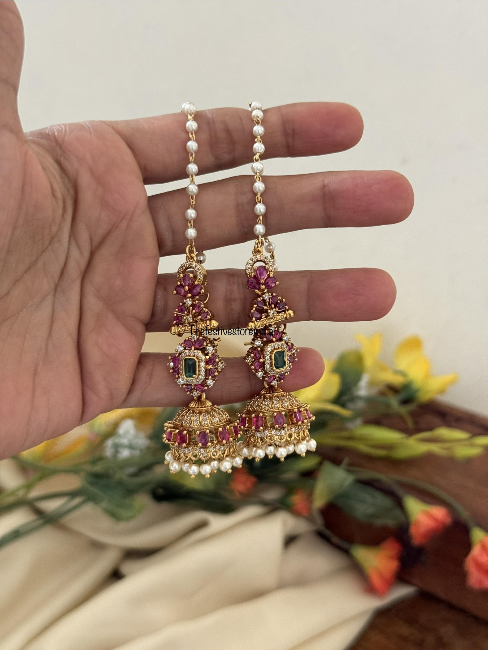 Rubyrose stones jhumka with maati | AD stones